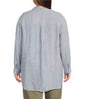 Eileen Fisher Plus Puckered Organic Linen Point Collar Long Sleeve Shirt