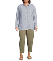 Eileen Fisher Plus Puckered Organic Linen Point Collar Long Sleeve Shirt