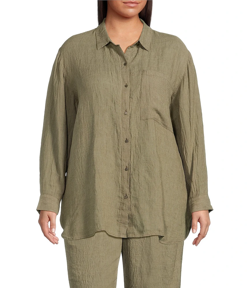 Eileen Fisher Plus Puckered Organic Linen Point Collar Long Sleeve Shirt