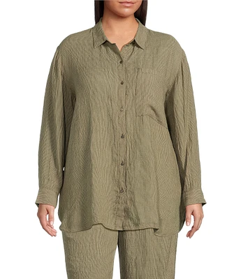 Eileen Fisher Plus Puckered Organic Linen Point Collar Long Sleeve Shirt