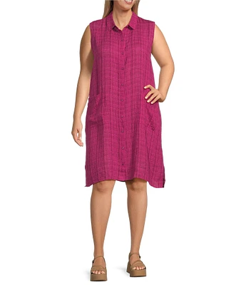 Eileen Fisher Plus Puckered Organic Linen Point Collar Sleeveless Shirt Dress