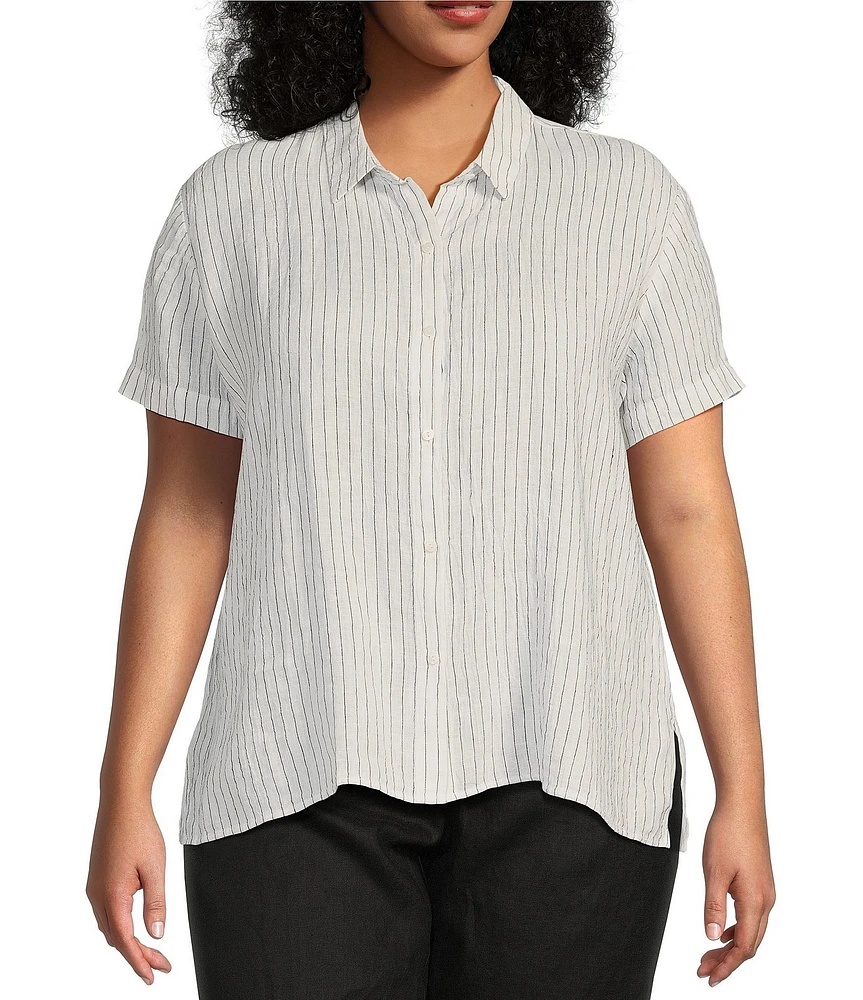 Eileen Fisher Plus Puckered Organic Linen Stripe Point Collar Short Sleeve Shirt