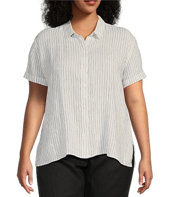 Eileen Fisher Plus Puckered Organic Linen Stripe Point Collar Short Sleeve Shirt