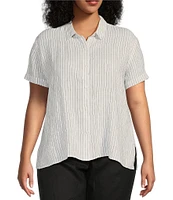 Eileen Fisher Plus Puckered Organic Linen Stripe Point Collar Short Sleeve Shirt
