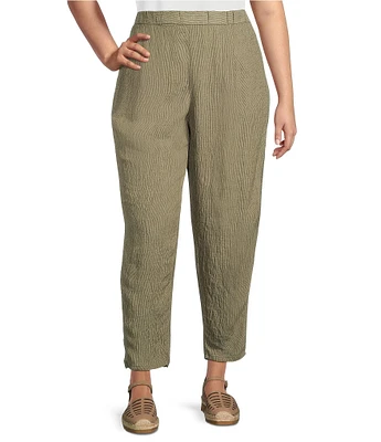 Eileen Fisher Plus Puckered Organic Linen Yarn-Dyed Stripe Elastic Waist Pull-On Pants