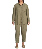 Eileen Fisher Plus Puckered Organic Linen Yarn-Dyed Stripe Elastic Waist Pull-On Pants