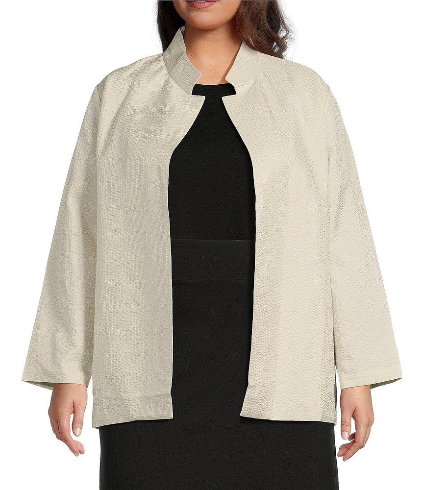 Eileen Fisher Plus Quilted Silk Stand Collar Long Sleeve Open Front Jacket