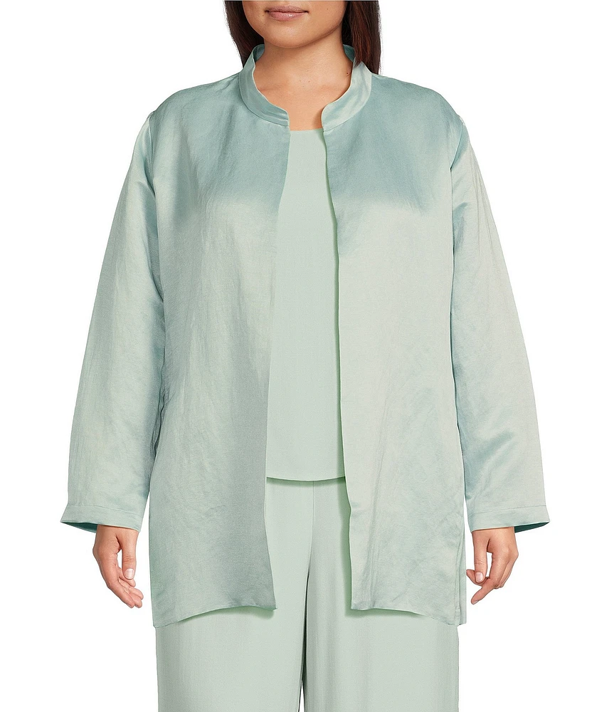 Eileen Fisher Plus Satin Linen Blend Stand Collar Long Sleeve Cardigan