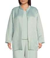 Eileen Fisher Plus Satin Linen Blend Stand Collar Long Sleeve Cardigan
