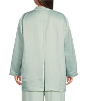Eileen Fisher Plus Satin Linen Blend Stand Collar Long Sleeve Cardigan