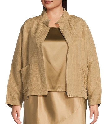 Eileen Fisher Plus Silk Linen Stand Collar Long Sleeve Box Jacket