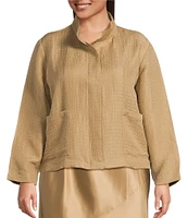 Eileen Fisher Plus Silk Linen Stand Collar Long Sleeve Box Jacket