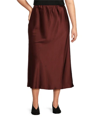 Eileen Fisher Plus Size Bias Stretch Silk Charmeuse A-Line Pull-On Midi Skirt