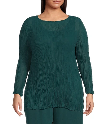 Eileen Fisher Plus Size Crinkle Sheer Silk Georgette Boat Neck Long Sleeve Tunic