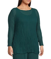 Eileen Fisher Plus Size Crinkle Sheer Silk Georgette Boat Neck Long Sleeve Tunic