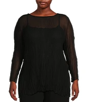 Eileen Fisher Plus Size Crinkle Sheer Silk Georgette Boat Neck Long Sleeve Tunic