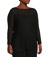 Eileen Fisher Plus Size Crinkle Sheer Silk Georgette Boat Neck Long Sleeve Tunic