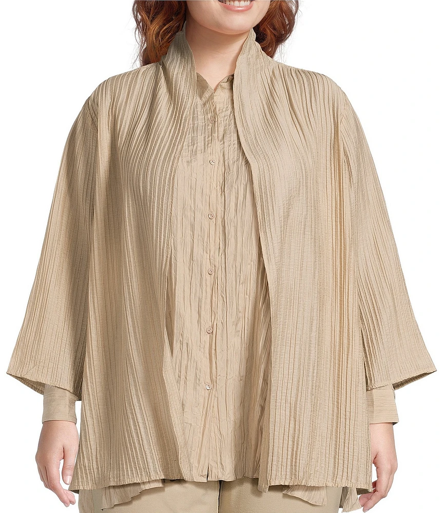 Eileen Fisher Plus Size Crinkle Shimmer High Collar Bracelet Sleeve Open Front Jacket