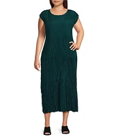 Eileen Fisher Plus Size Crinkle Silk Crew Neck Cap Sleeve A-Line Tiered Midi Dress