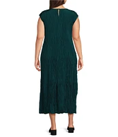 Eileen Fisher Plus Size Crinkle Silk Crew Neck Cap Sleeve A-Line Tiered Midi Dress