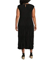 Eileen Fisher Plus Size Crinkle Silk Crew Neck Cap Sleeve A-Line Tiered Midi Dress