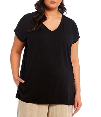 Eileen Fisher Plus Size Fine Stretch Knit Jersey V-Neck Cap Sleeve Long Boxy Top