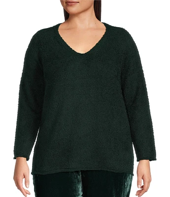 Eileen Fisher Plus Size Fringed Organic Cotton V-Neck Long Sleeve Easy Fit Sweater