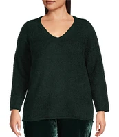 Eileen Fisher Plus Size Fringed Organic Cotton V-Neck Long Sleeve Easy Fit Sweater