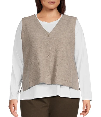 Eileen Fisher Plus Size Lightweight Boiled Wool V-Neck Sleeveless Pocketed Button Front Vest