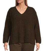 Eileen Fisher Plus Size Organic Cotton Fluff V-Neck Long Sleeve Boxy Sweater