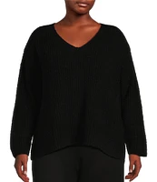 Eileen Fisher Plus Size Organic Cotton Fluff V-Neck Long Sleeve Boxy Sweater