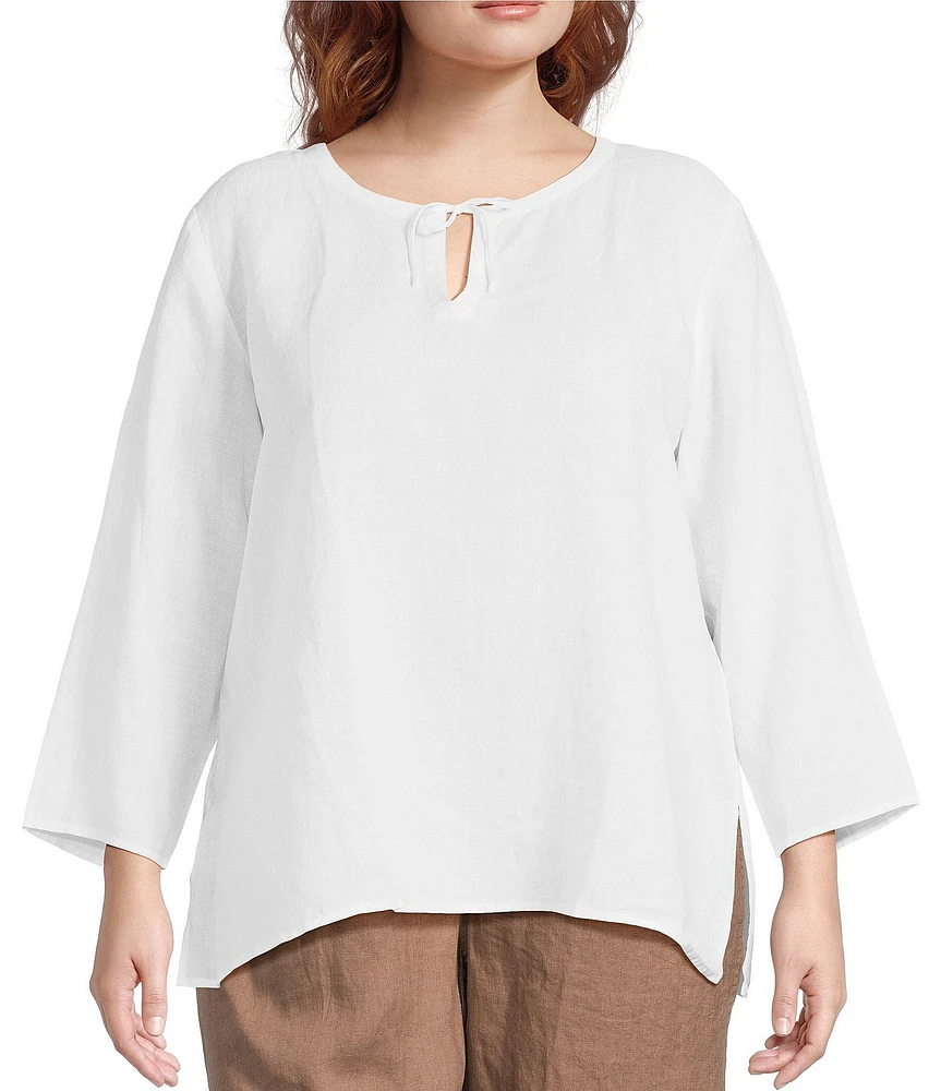 Eileen Fisher Plus Size Organic Handkerchief Linen Split V-Neck Long Sleeve Top