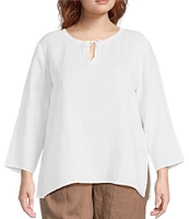 Eileen Fisher Plus Size Organic Handkerchief Linen Split V-Neck Long Sleeve Top