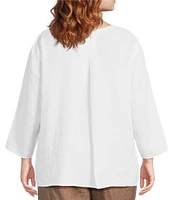 Eileen Fisher Plus Size Organic Handkerchief Linen Split V-Neck Long Sleeve Top