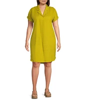 Eileen Fisher Plus Size Organic Linen Notch Collar Cap Sleeve Shirtdress