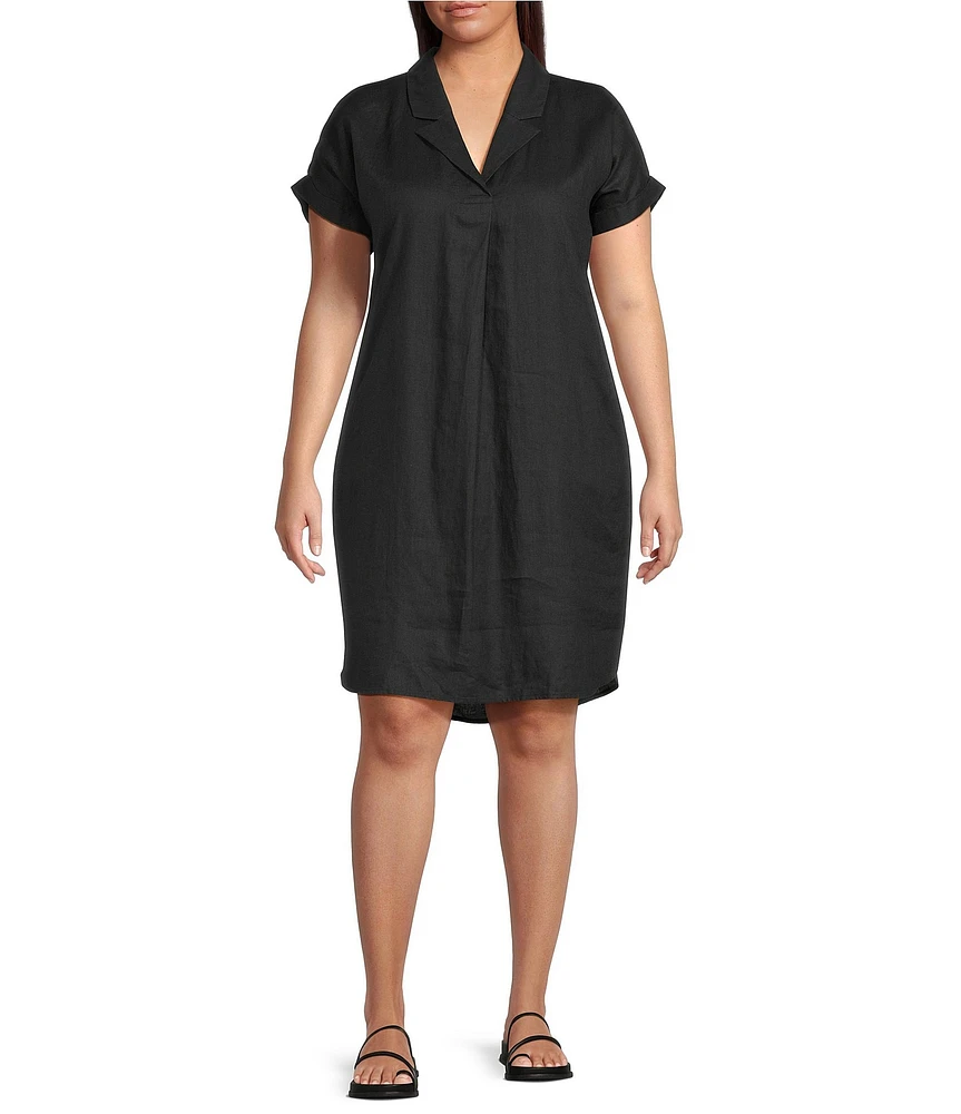 Eileen Fisher Plus Size Organic Linen Notch Collar Cap Sleeve Shirtdress