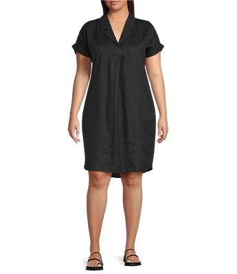 Eileen Fisher Plus Size Organic Linen Notch Collar Cap Sleeve Shirtdress
