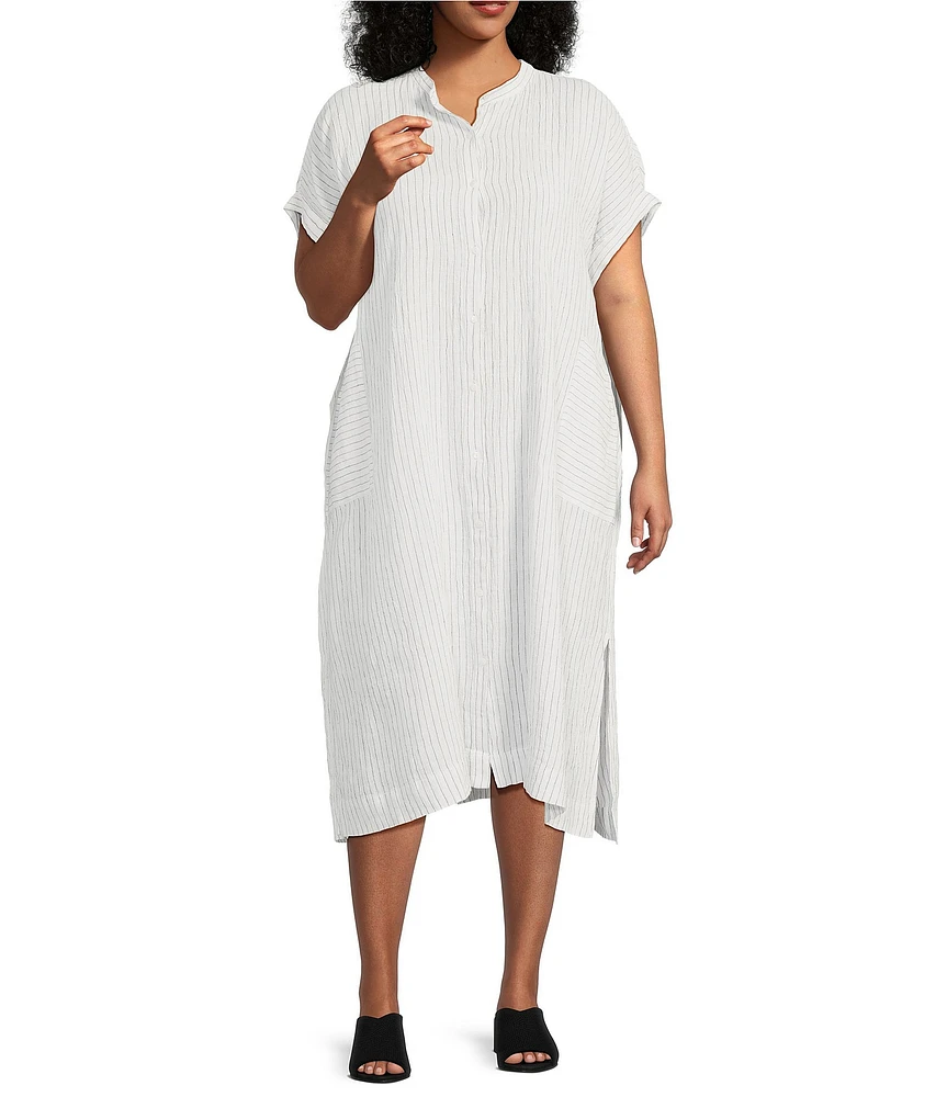 Eileen Fisher Plus Size Puckered Organic Linen Stripe Mandarin Collar Short Sleeve Midi Dress