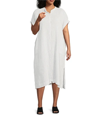 Eileen Fisher Plus Size Puckered Organic Linen Stripe Mandarin Collar Short Sleeve Midi Dress