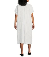 Eileen Fisher Plus Size Puckered Organic Linen Stripe Mandarin Collar Short Sleeve Midi Dress