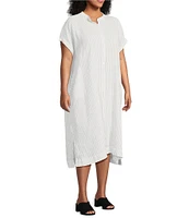 Eileen Fisher Plus Size Puckered Organic Linen Stripe Mandarin Collar Short Sleeve Midi Dress