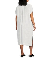Eileen Fisher Plus Size Puckered Organic Linen Stripe Mandarin Collar Short Sleeve Midi Dress