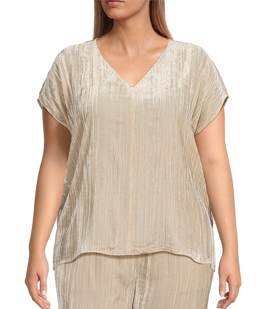 Eileen Fisher Plus Size Shimmering Velvet V-Neck Extended Cap Sleeve Boxy Fit Coordinating Top