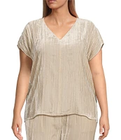 Eileen Fisher Plus Size Shimmering Velvet V-Neck Extended Cap Sleeve Boxy Fit Coordinating Top