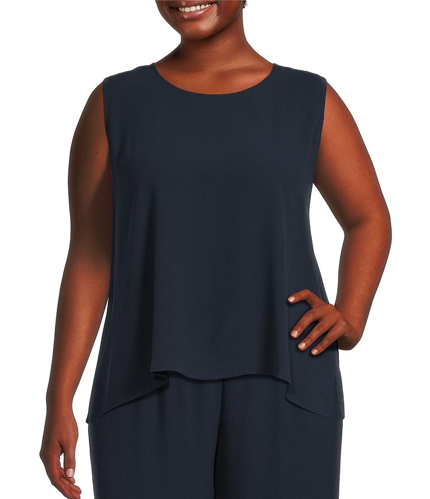 Eileen Fisher Plus Size Silk Georgette Crepe Crew Neck Sleeveless Shell Tank