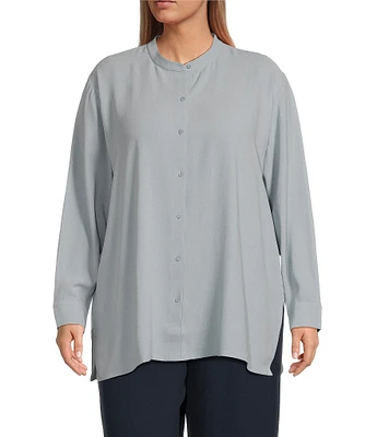 Eileen Fisher Plus Size Silk Georgette Crepe Mandarin Collar Long Sleeve Button-Front Shirt