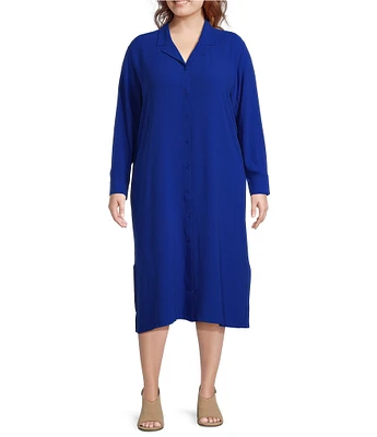 Eileen Fisher Plus Size Silk Georgette Crepe Notch Collar Short Sleeve Button Front Dress