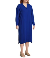 Eileen Fisher Plus Size Silk Georgette Crepe Notch Collar Short Sleeve Button Front Dress