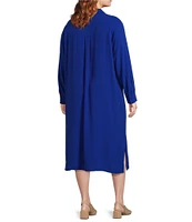 Eileen Fisher Plus Size Silk Georgette Crepe Notch Collar Short Sleeve Button Front Dress