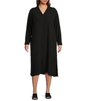 Eileen Fisher Plus Size Silk Georgette Crepe Notch Collar Short Sleeve Button Front Dress